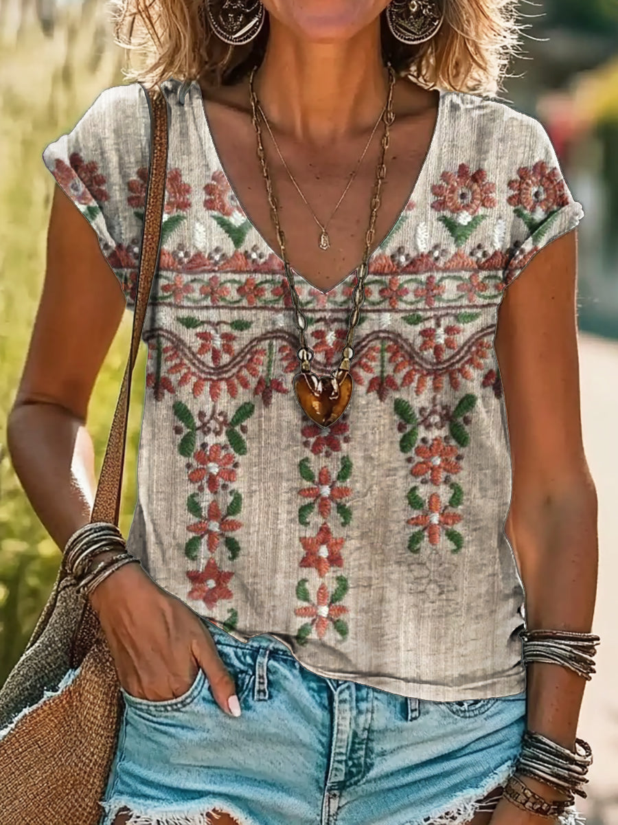Vintage Bohemian Floral Art Print 100%Cotton V-neck T-Shirt