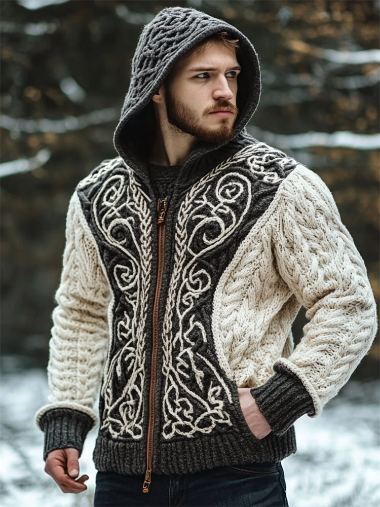 Men's Viking Celtic Contrast Color Chunky Hooded Zip Cardigan artswardrobe