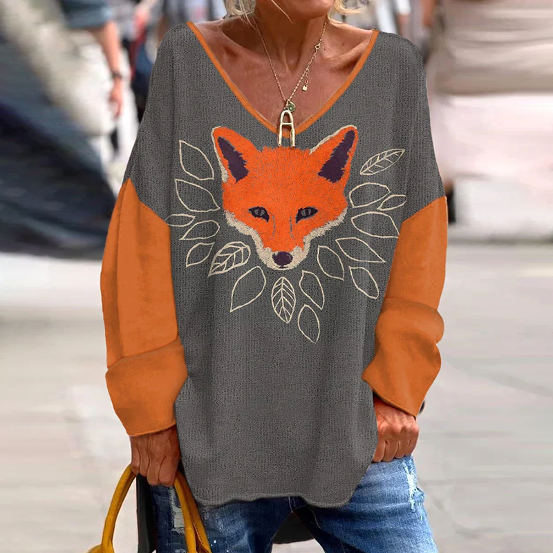 Women's Vintage Fox Printed Long Sleeve Loose T-Shirt artswardrobe
