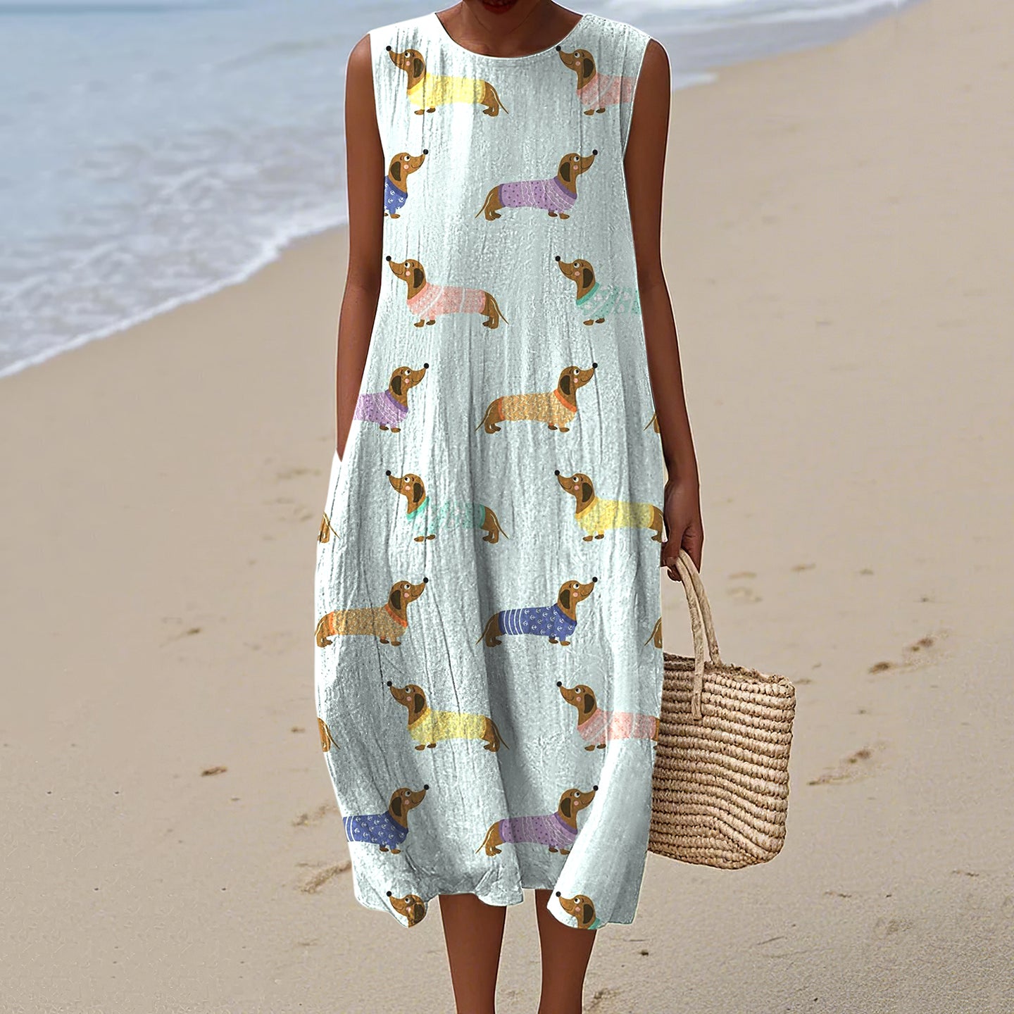 Comstylish Women's Dachshund Dog Art Print Crew Neck Tank Midi Dress