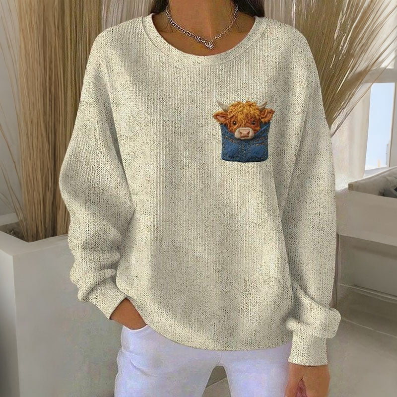 Women's Highland Cow Print Crew Neck Casual Sweatshirt artswardrobe