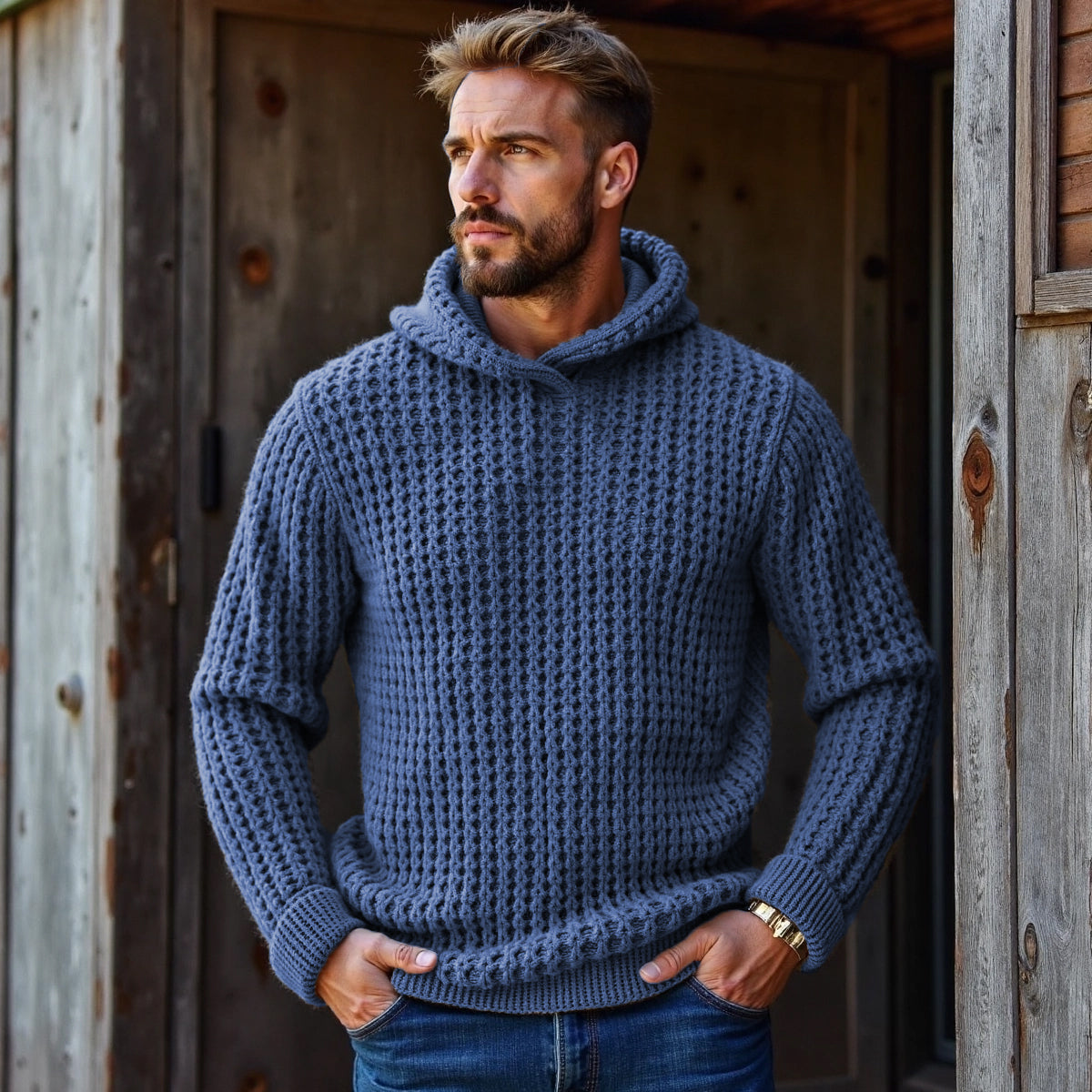 Men's Vintage Plaid Woven Solid Color Hooded Sweater artswardrobe