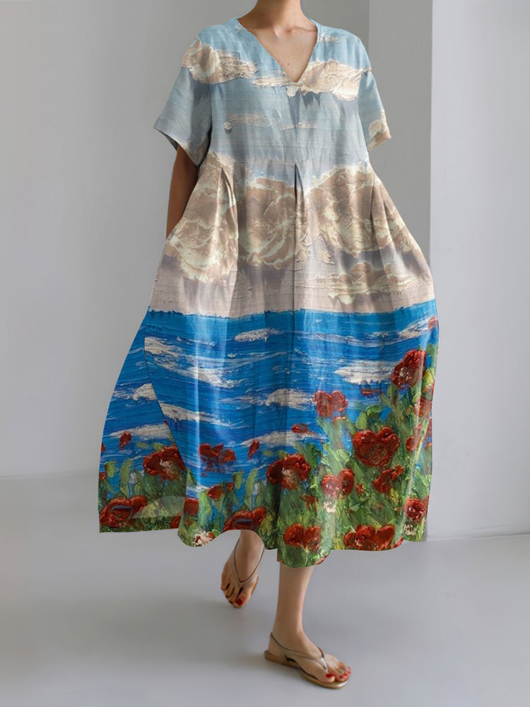 Spring And Summer Rose Print Women'S Dress