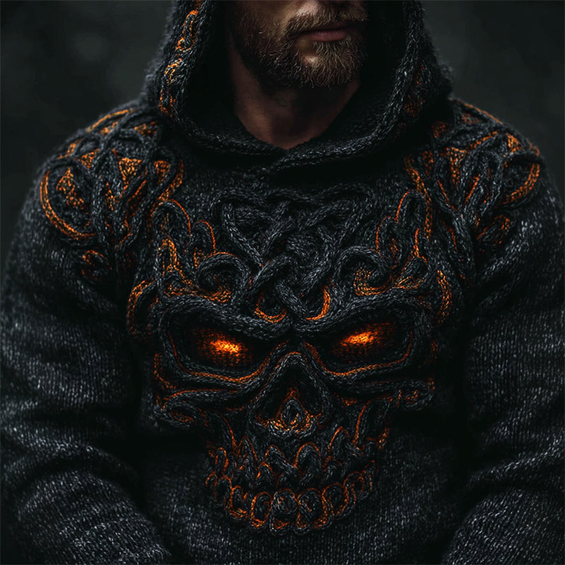 Men's Halloween Skull Celtic Knot Chunky Cozy Knit Hooded Sweater artswardrobe