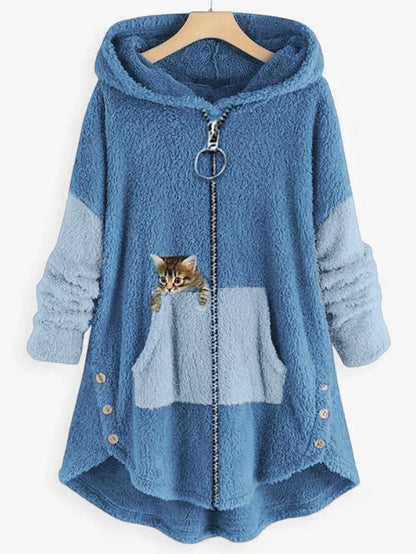 Cappotto in pile con cappuccio, pannelli colorblock e tasca ricamata con gattino