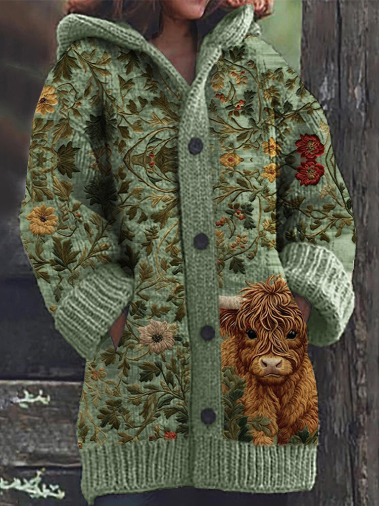 Highland Cow Floral Embroidery Pattern Cozy Hooded Cardigan artswardrobe