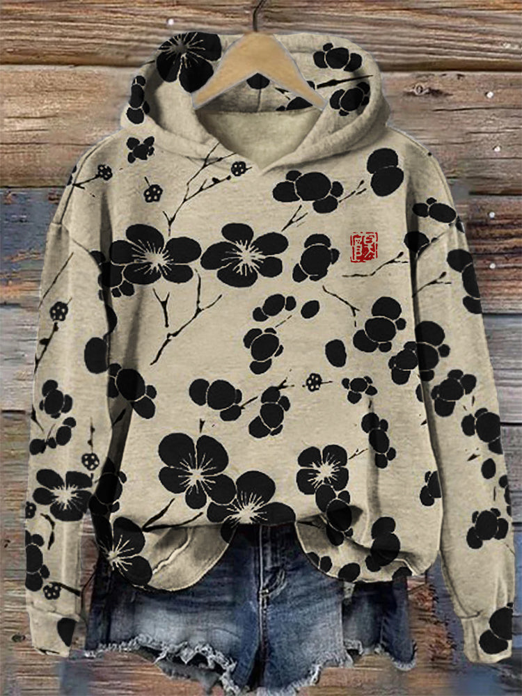 Comstylish Cherry Blossom Japanese Lino Art Vintage Hoodie