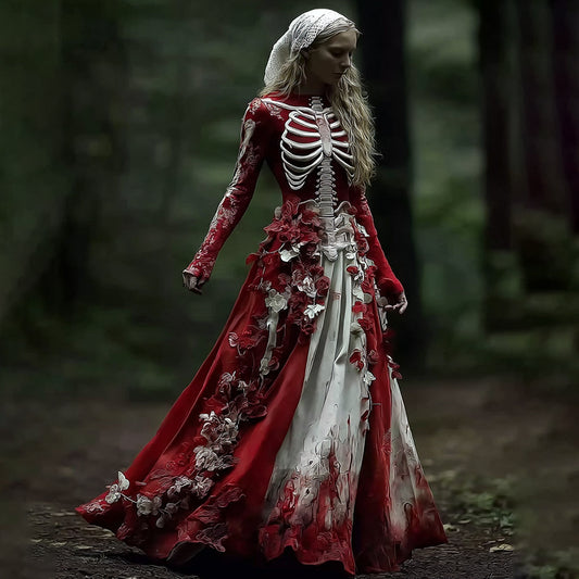 Comstylish Halloween Skeleton Bloody Roses Art Linen Maxi Dress