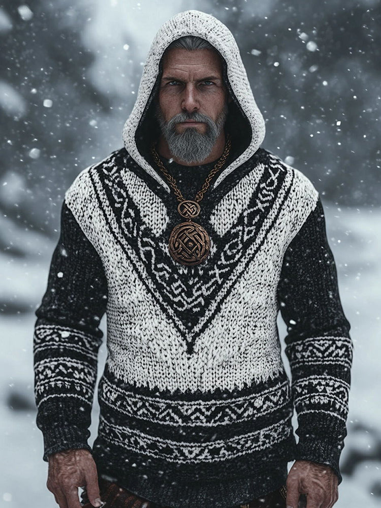 Men's Vintage Viking Contrast Color Cozy Knit Hooded Sweater artswardrobe