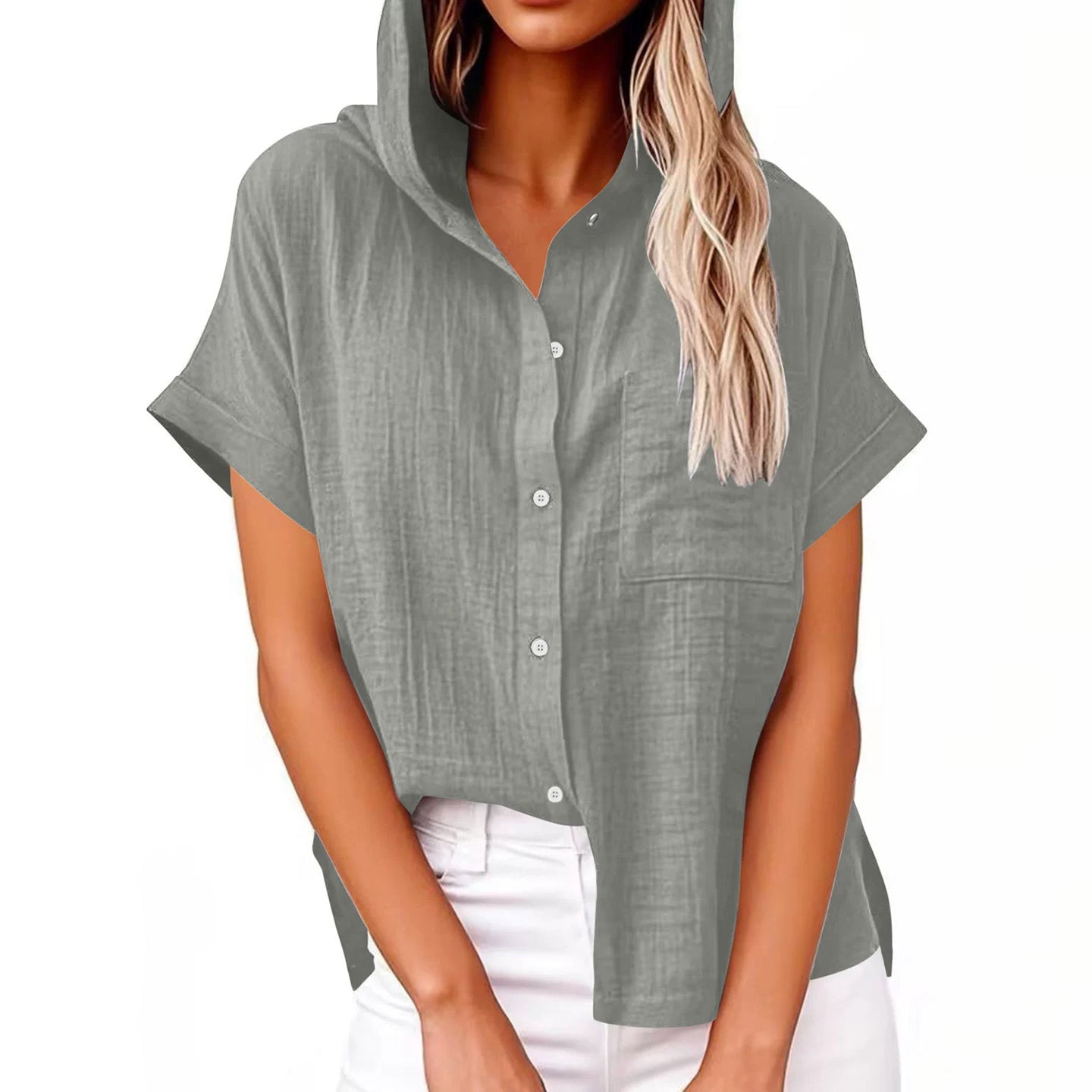 Comstylish Women's Solid Color Linen Vintage Hooded Shirt