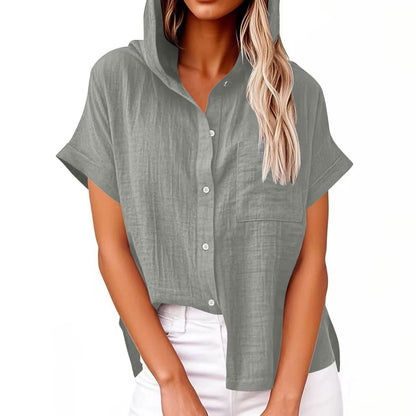 Comstylish Women's Solid Color Linen Vintage Hooded Shirt