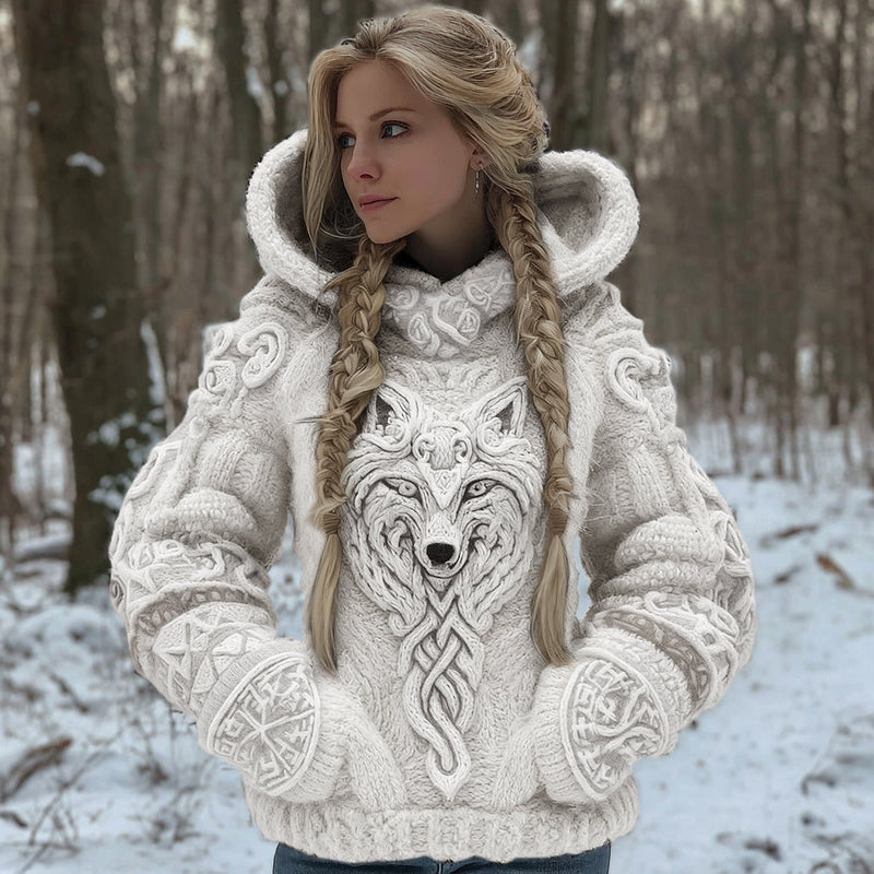 Cardigan con cappuccio in misto cotone con motivo di lupo celtico