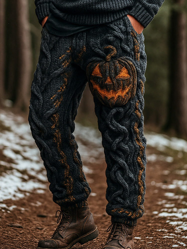 Halloween Spooky Pumpkin Emoji Men's Knit Loose Pants artswardrobe