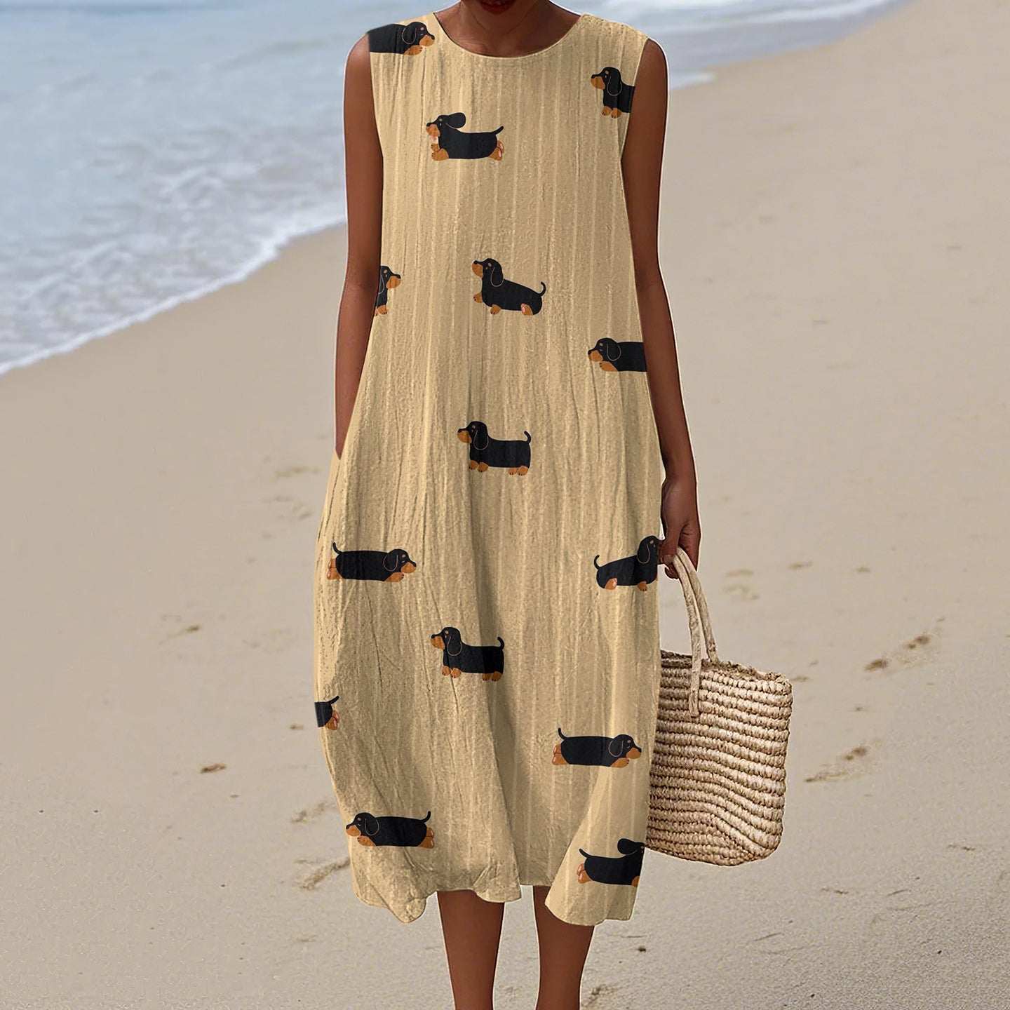 Retro Dachshund Dog Stripe Art Linen Tank Midi Dress artswardrobe