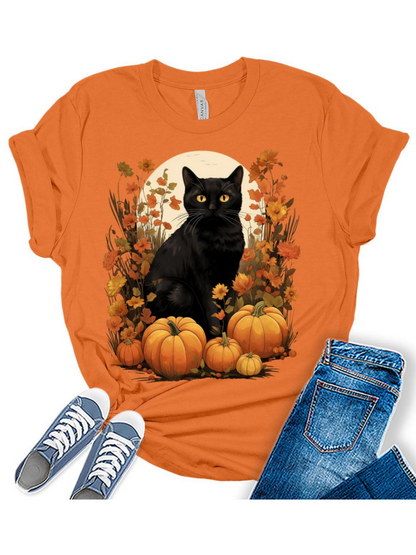 Womens Fall Black Cat Halloween Pumpkins T-Shirt artswardrobe