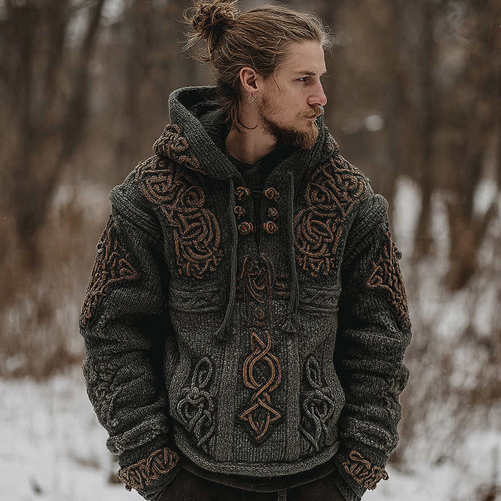 Men's Vintage Celtic Knot Contrast Jacquard Knit Hooded Sweater artswardrobe