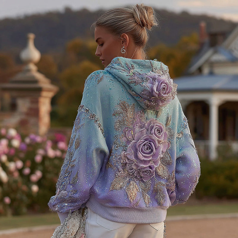 Comstylish Women's Retro Purple Rose Gradient Pattern Casual Hoodie