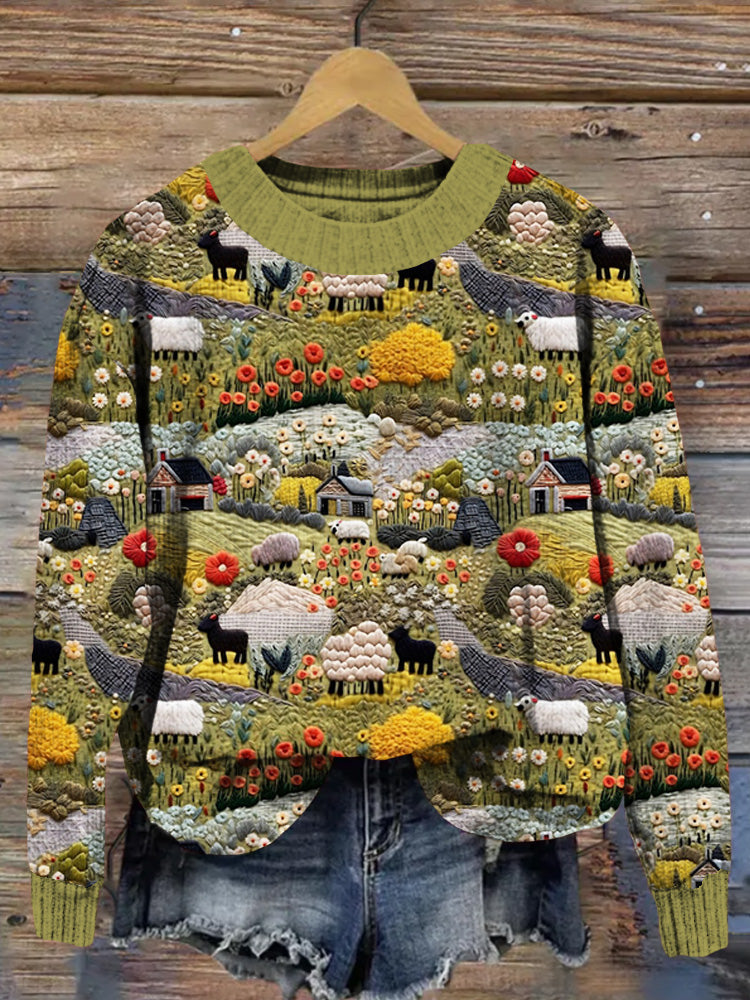 Vintage Farmyard Embroidery Pattern Cozy Sweater artswardrobe