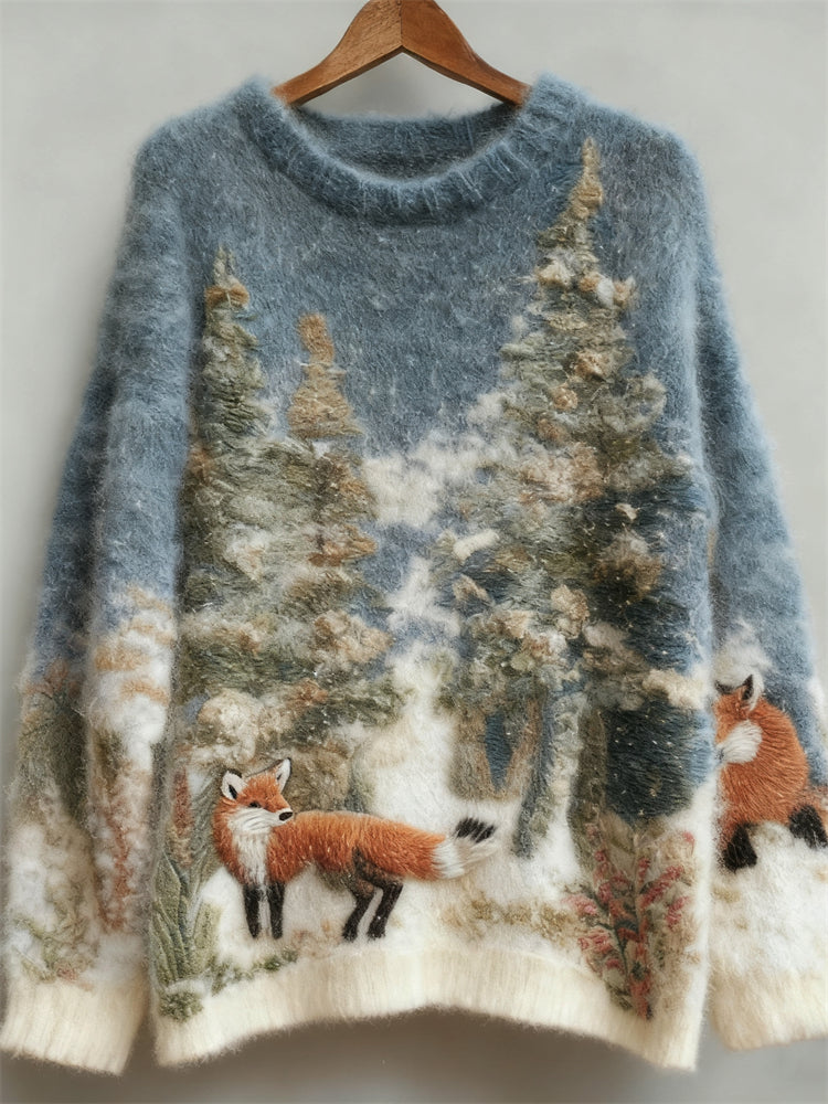 Fox & Snowy Forest Landscape Felt Art Cozy Sweater