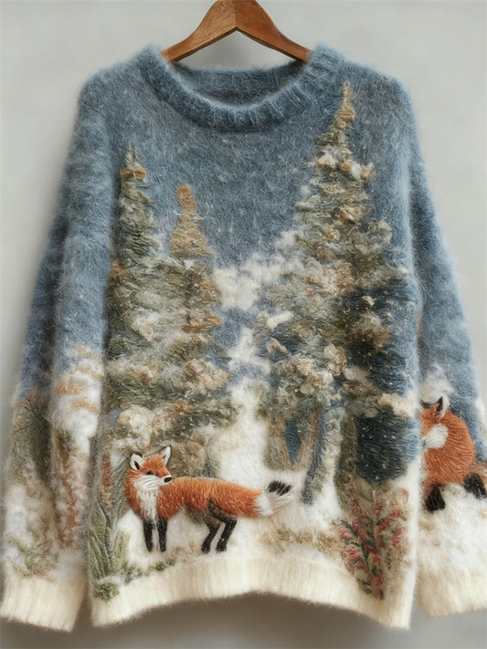 Fox & Snowy Forest Landscape Felt Art Cozy Sweater
