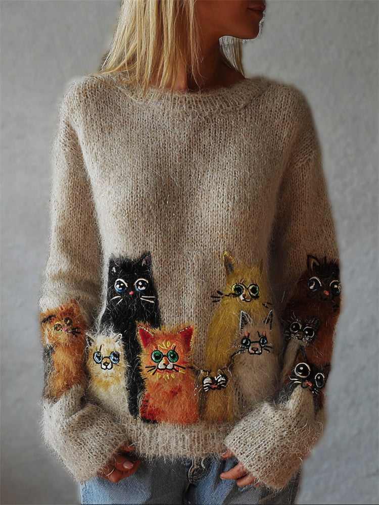 Cardigan in lana con motivo a griglia di volti di gatti arcobaleno