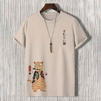 Men'S Japanese Sushi Samurai Cat Print Casual T-Shirt elevenforest