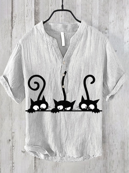 Japanese Art Black Cat Print Cotton Blend Shirt elevenforest