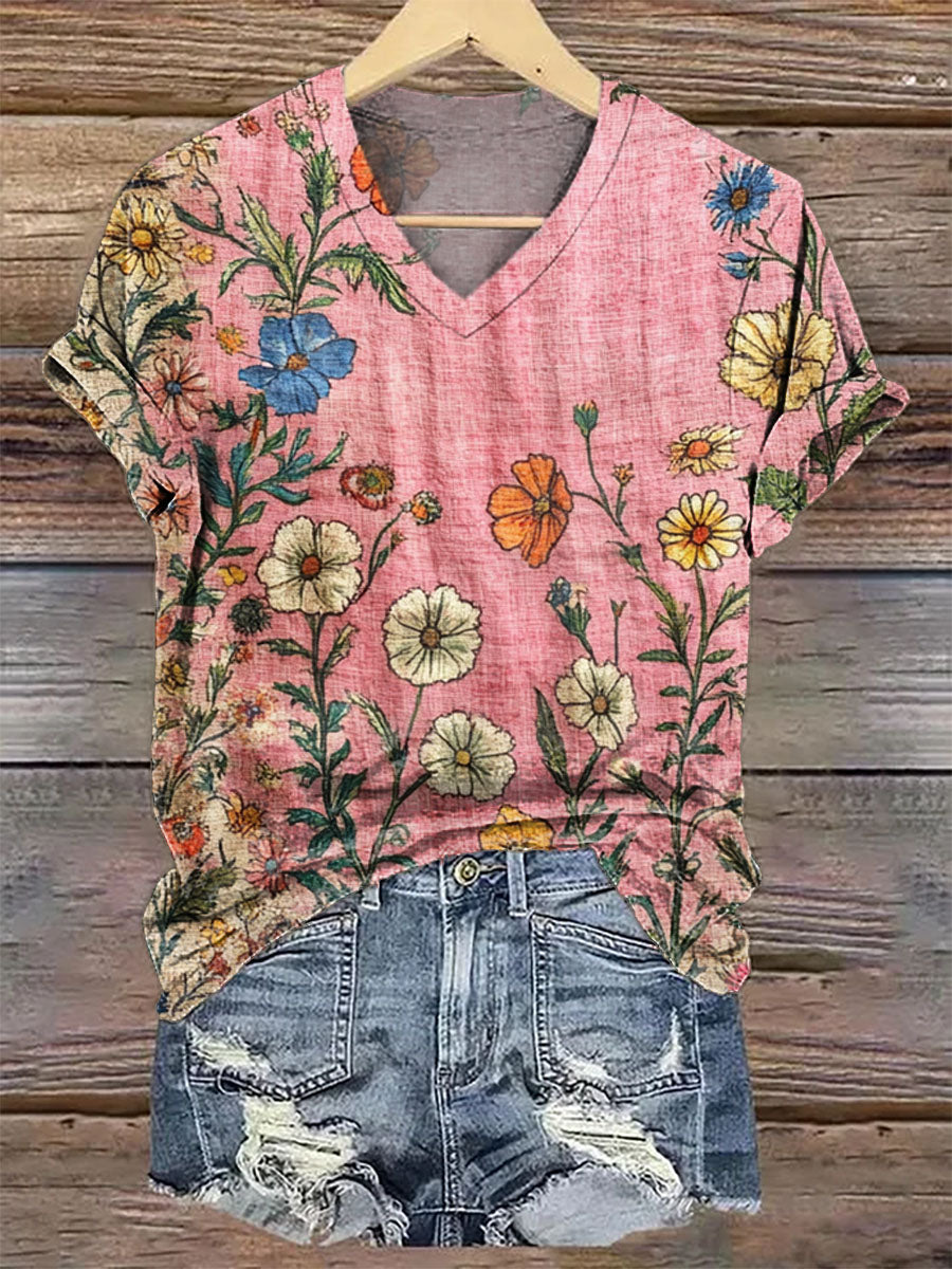 Women's Vintage Floral V-Neck Casual T-Shirt
