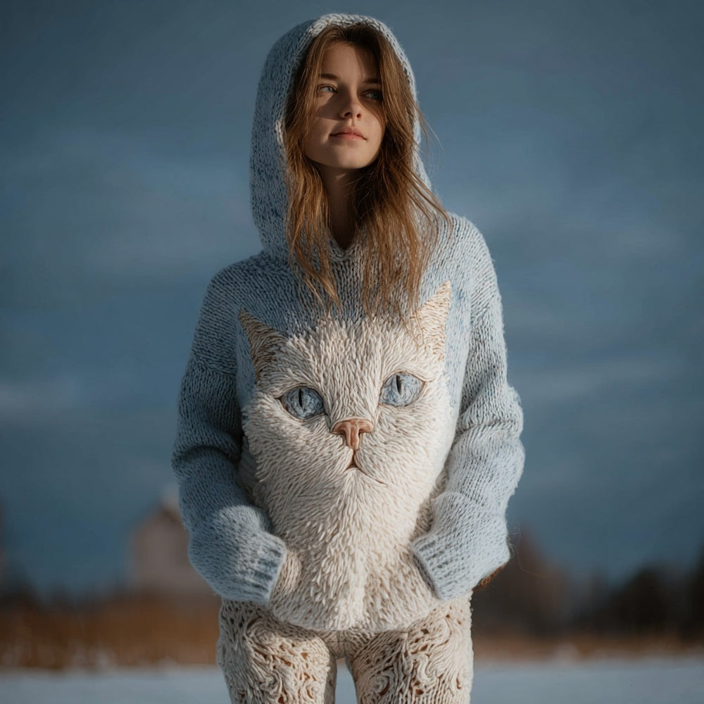 Comstylish Cute Fuzzy Cat Embroidered Cozy Knit Hooded Sweater
