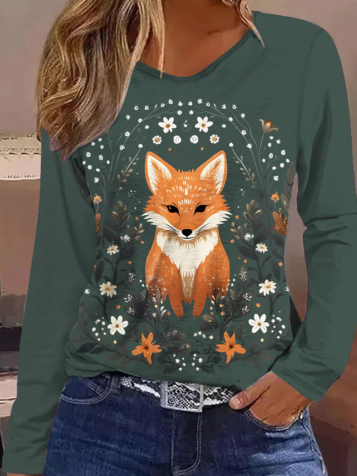 Women's Retro Fox Print Casual Long Sleeve T Shirt artswardrobe