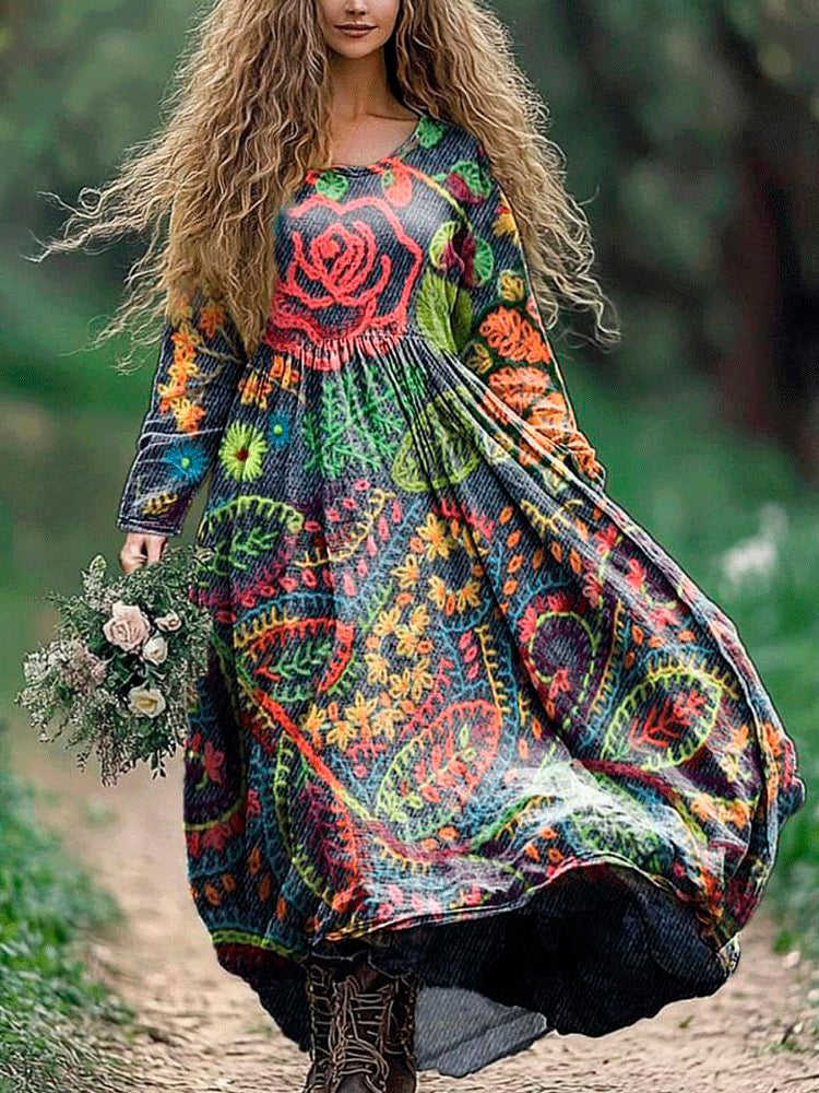 Stitching Floral Embroidery Pattern Women's Flowy Maxi Dress artswardrobe