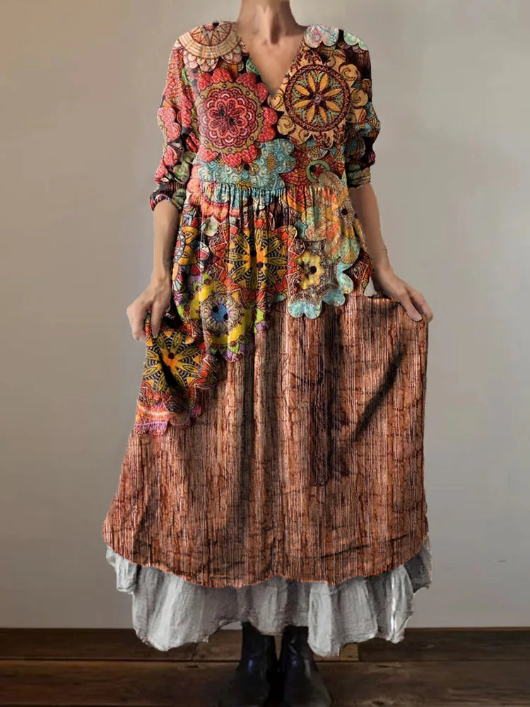 Women's Floral Art Print V-Neck Pocket Cotton Dress