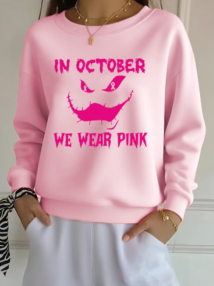 Women's In October We Wear Pink Ghost Print Crew Neck Sweatshirt artswardrobe