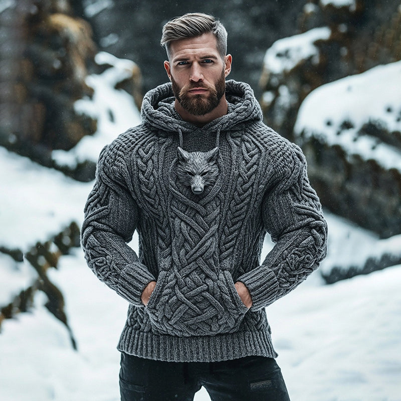 Men's Viking Tribal Wolf Inspired Chunky Knit Pocket Hooded Sweater elevenforest