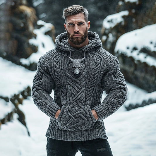 Men's Viking Tribal Wolf Inspired Chunky Knit Pocket Hooded Sweater elevenforest