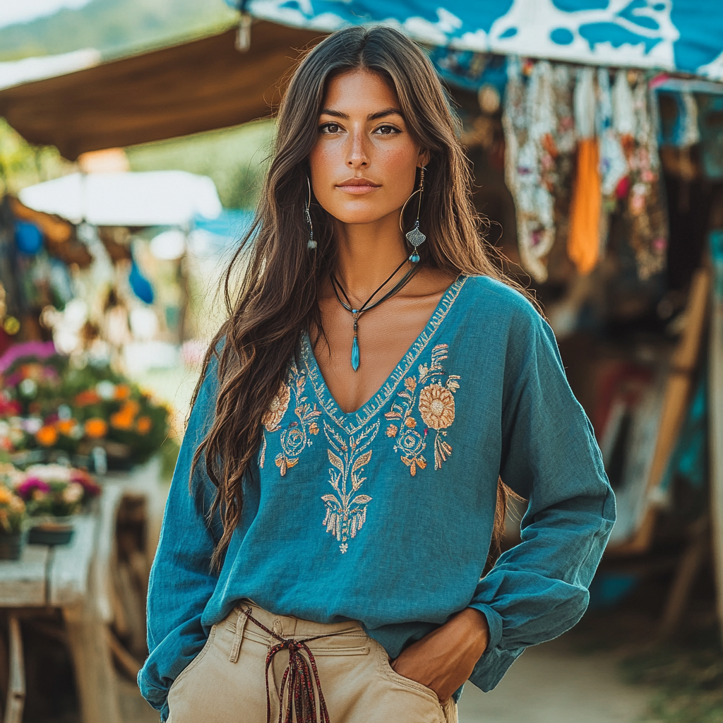Casual Bohemian Embroidered Linen V-neck Shirt artswardrobe
