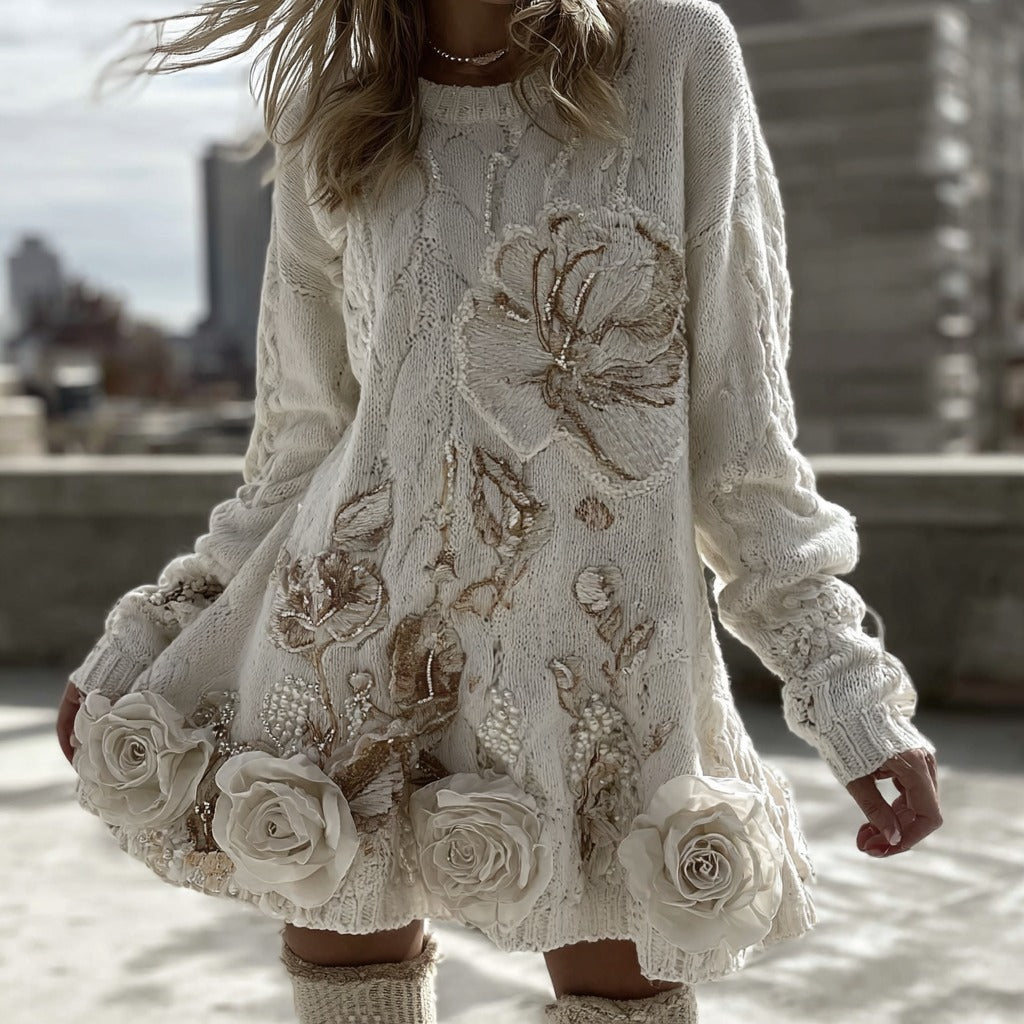 Vintage White Rose Floral Pattern Chunky Knit Sweater Flared Skirt elevenforest