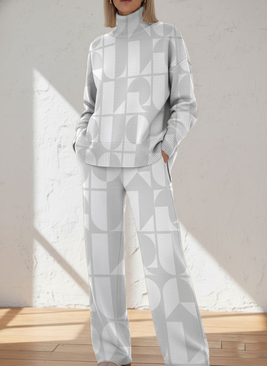 Geometric Color Block Decorative Pattern Casual Stand Collar Long Sleeve Top And Casual Long Pants