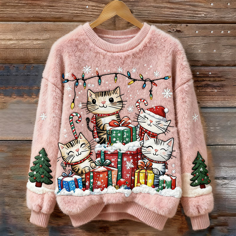 Comstylish Women's Cute Christmas Cat Embroidery Art Comfort Plush Sweatshirt