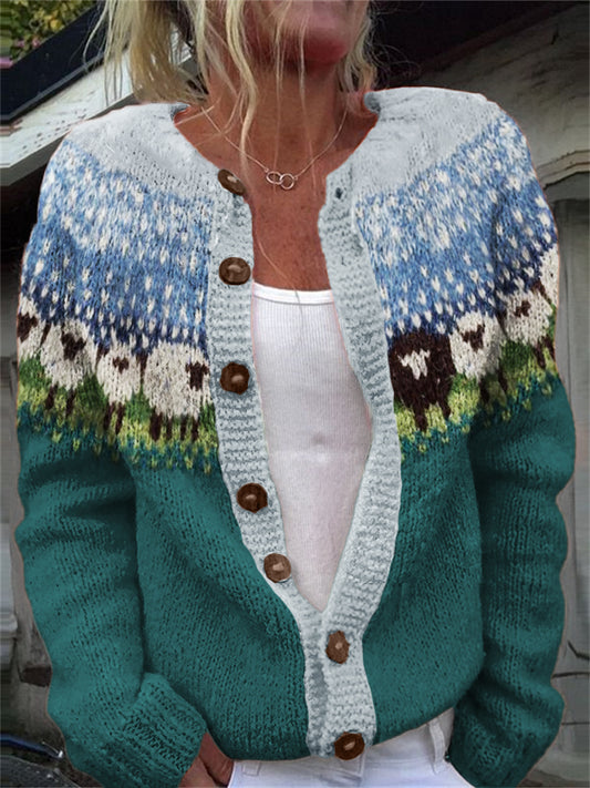 Vintage Sheep Landscape Colorblock Cozy Knit Isle Cardigan elevenforest