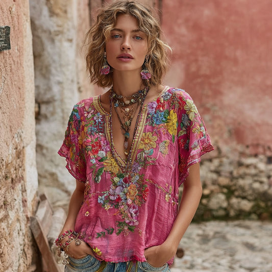 Comstylish Women's Vintage Flower Embroidered Art Linen Blend V-neck Shirt