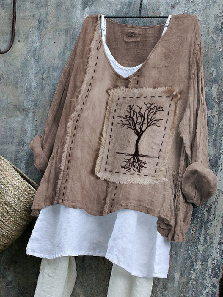 Tree Embroidered Frayed Fiber Art Linen Blend Tunic artswardrobe