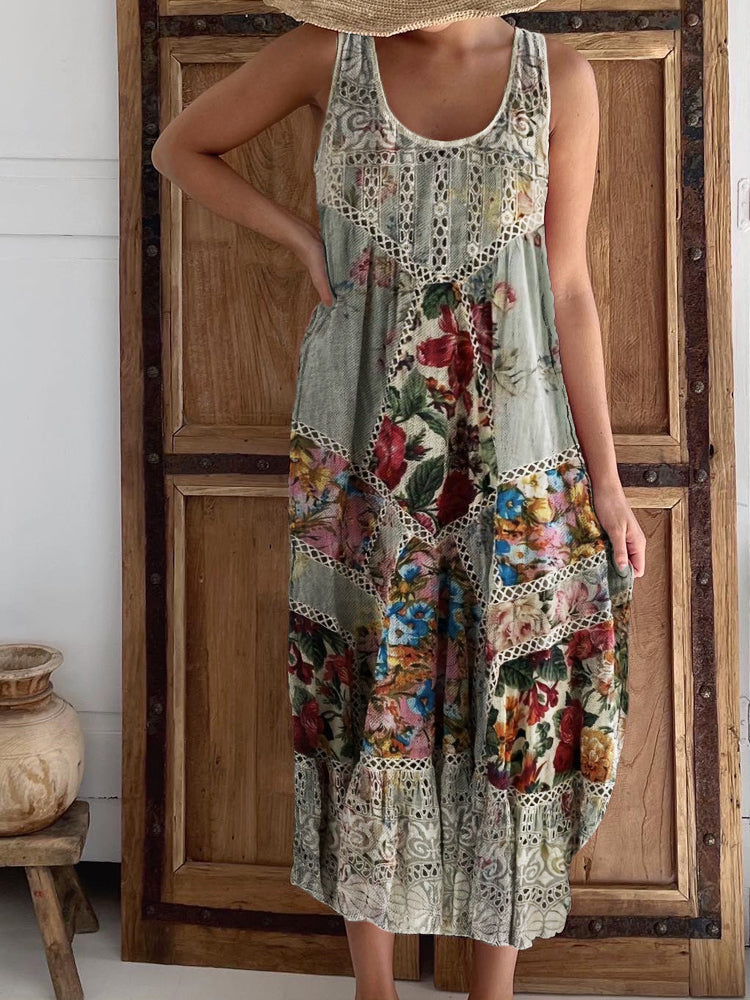 Boho Floral & Lace Patchwork Linen Tank Dress artswardrobe