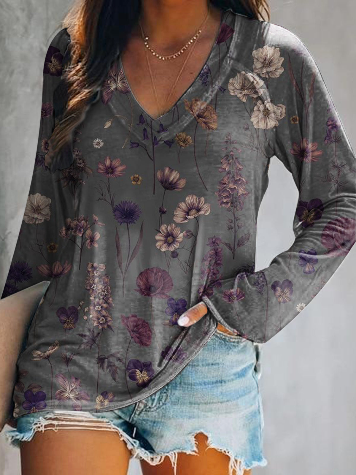 Women's Casual Vintage Floral Art Print V Neck Long Sleeve Tops