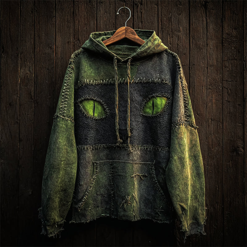 Halloween Black Cat Face Colorblock Patchwork Washed Hoodie
