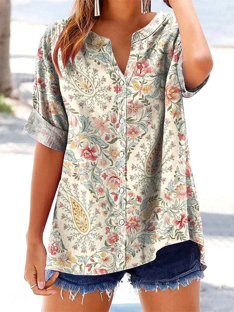 Women's Floral Paisley Art Print Short Sleeve V-Neck Cotton and Linen