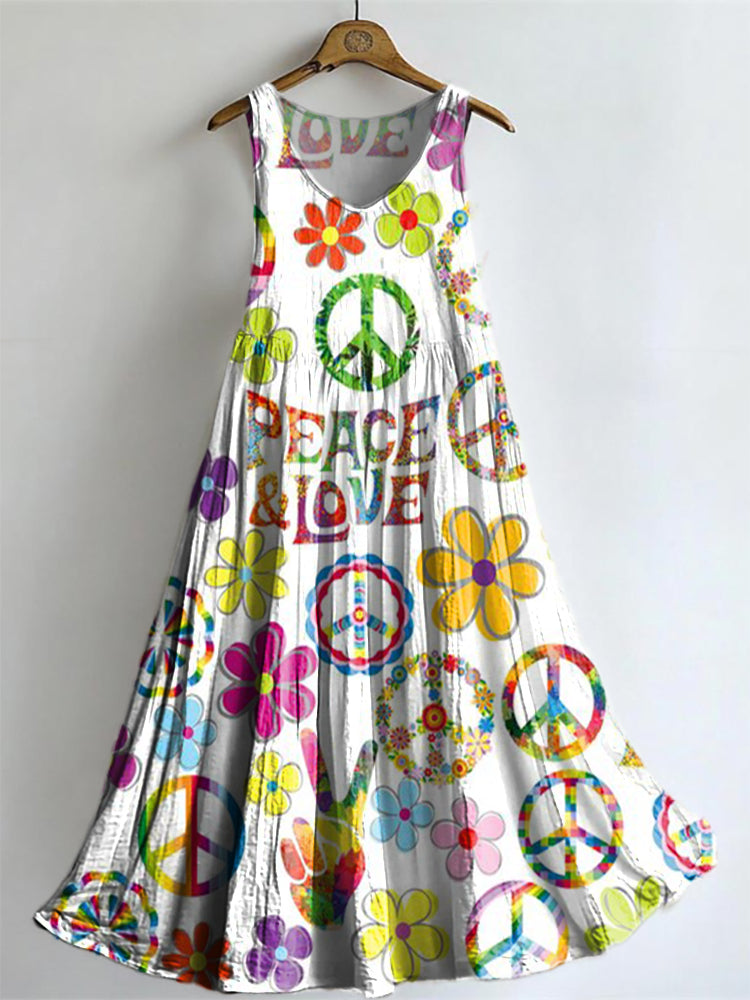 Women's Hippie Peace Love Floral Art Pattern Print Sleeveless Cotton P