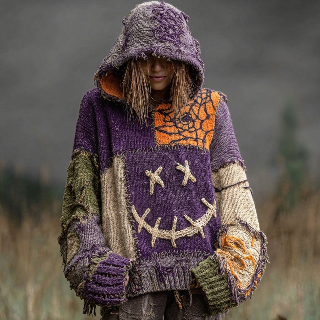Halloween Spooky Face And Spider Web Patchwork Design Cozy Knit Hooded elevenforest