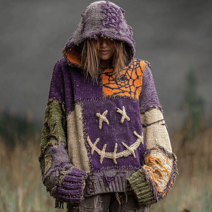 Halloween Spooky Face And Spider Web Patchwork Design Cozy Knit Hooded elevenforest