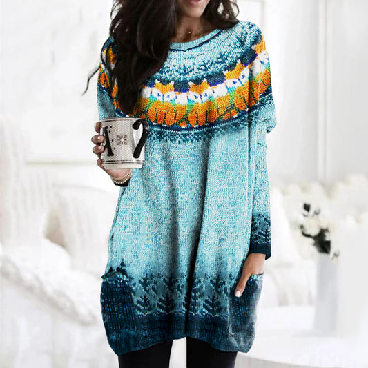 Fox Snowflake Jacquard Pocket Long Sweater elevenforest